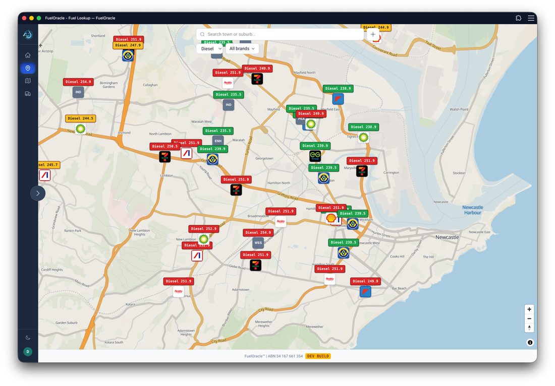 FuelOracle Fuel Lookup showing live diesel prices across Newcastle with green markers indicating cheapest stations