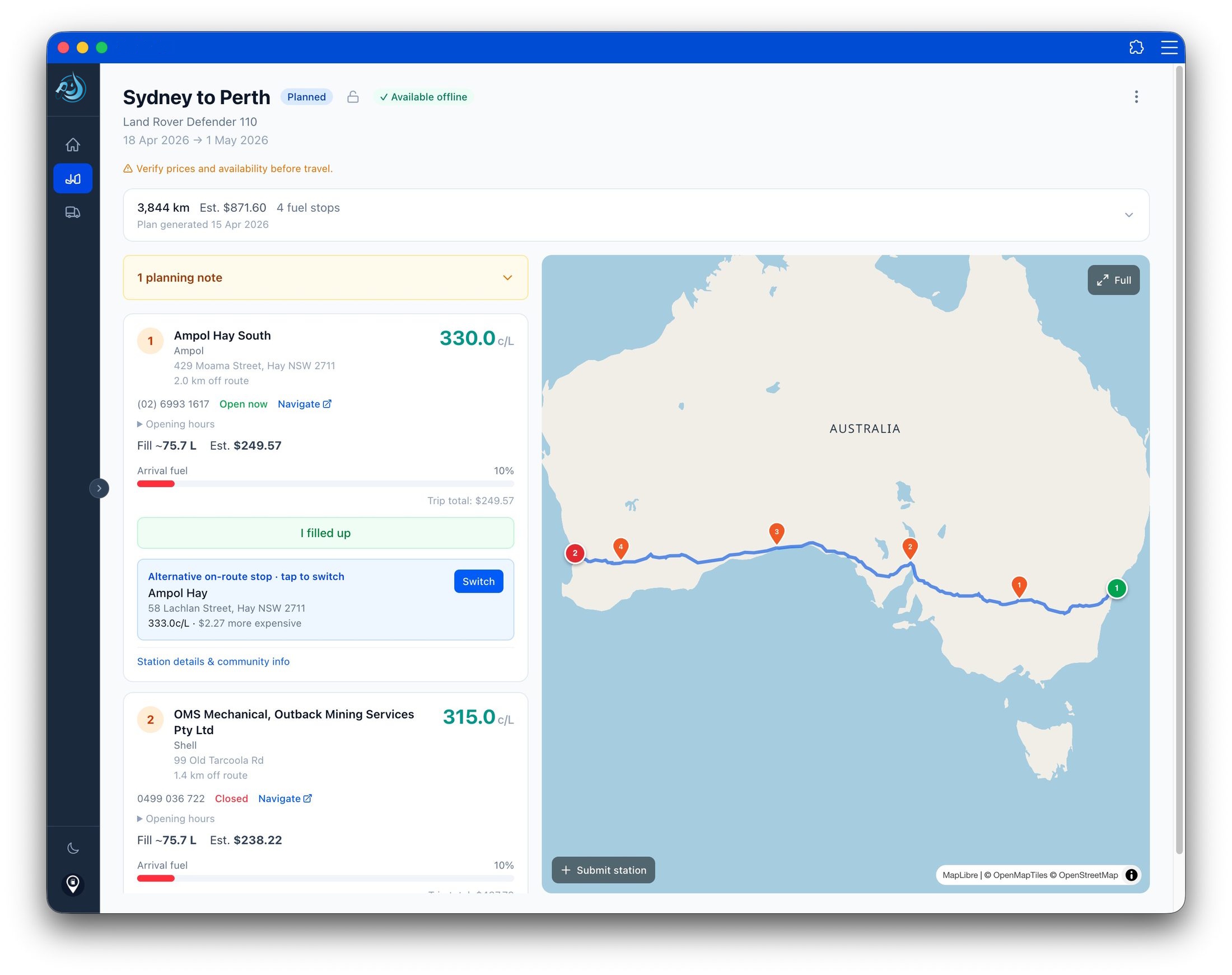 Fuel stop cards showing live prices, distances and fill estimates