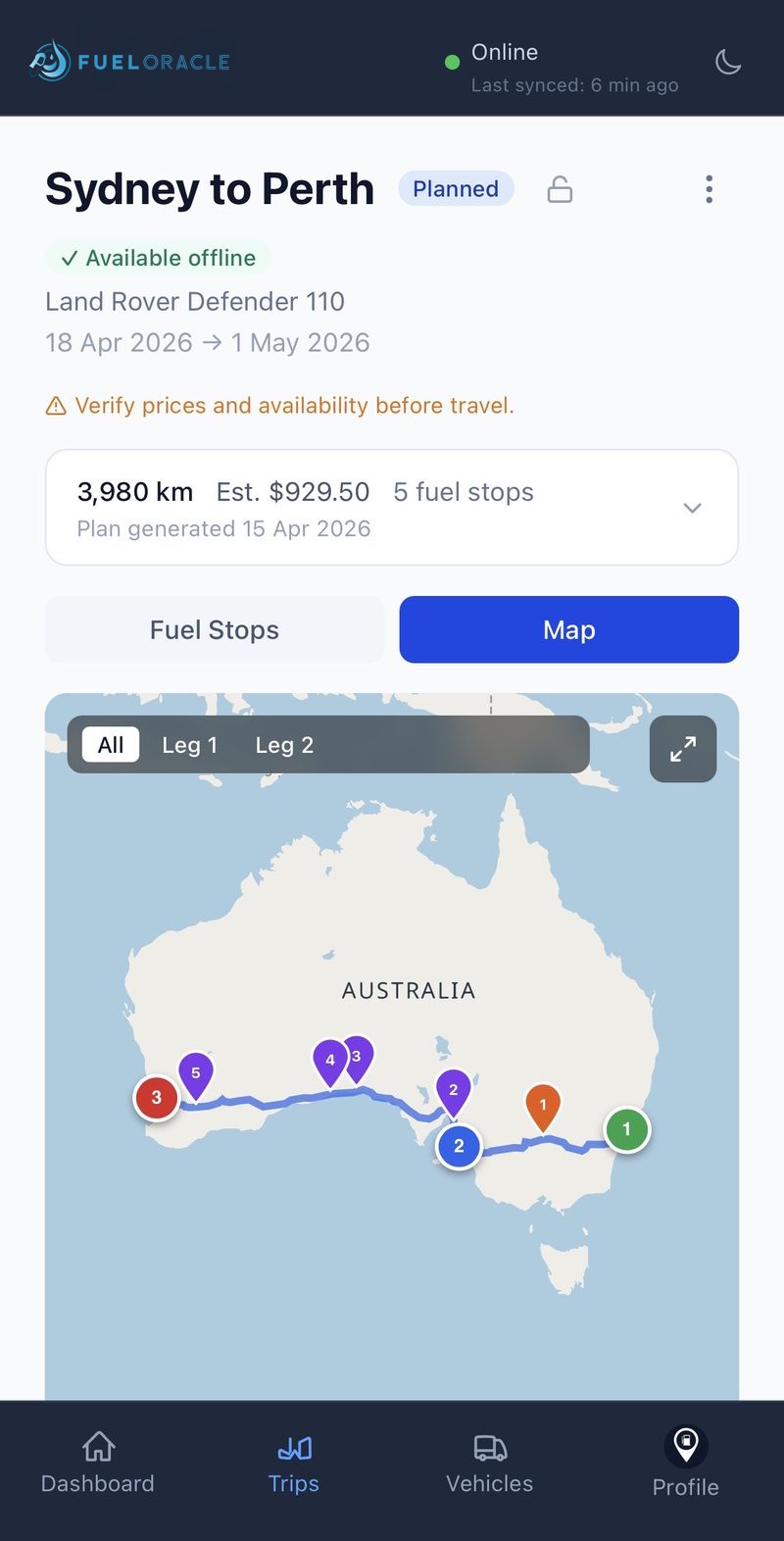 Mobile view of FuelOracle showing Sydney to Perth route on map